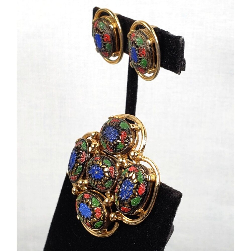 Vtg 1968 Sarah Coventry Light of the East Mosaic Brooch Clip Earrings Set MCM - Picture 5 of 16